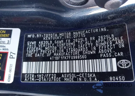 2015 Toyota Camry Se z USA, uszkodzony, nr VIN 4T1BF1FK7FU988560